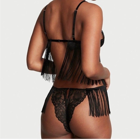 Victoria's Secret Black Fringe Crop Cami bralette & panty Set Size L large - Picture 2 of 6